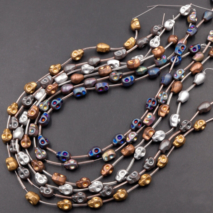 Matte Titanium Hematite Carved Skull Beads 10mm Finish Bronze Gold Gunmetal Black Silver Rainbow Copper Colors  15.5" Strand