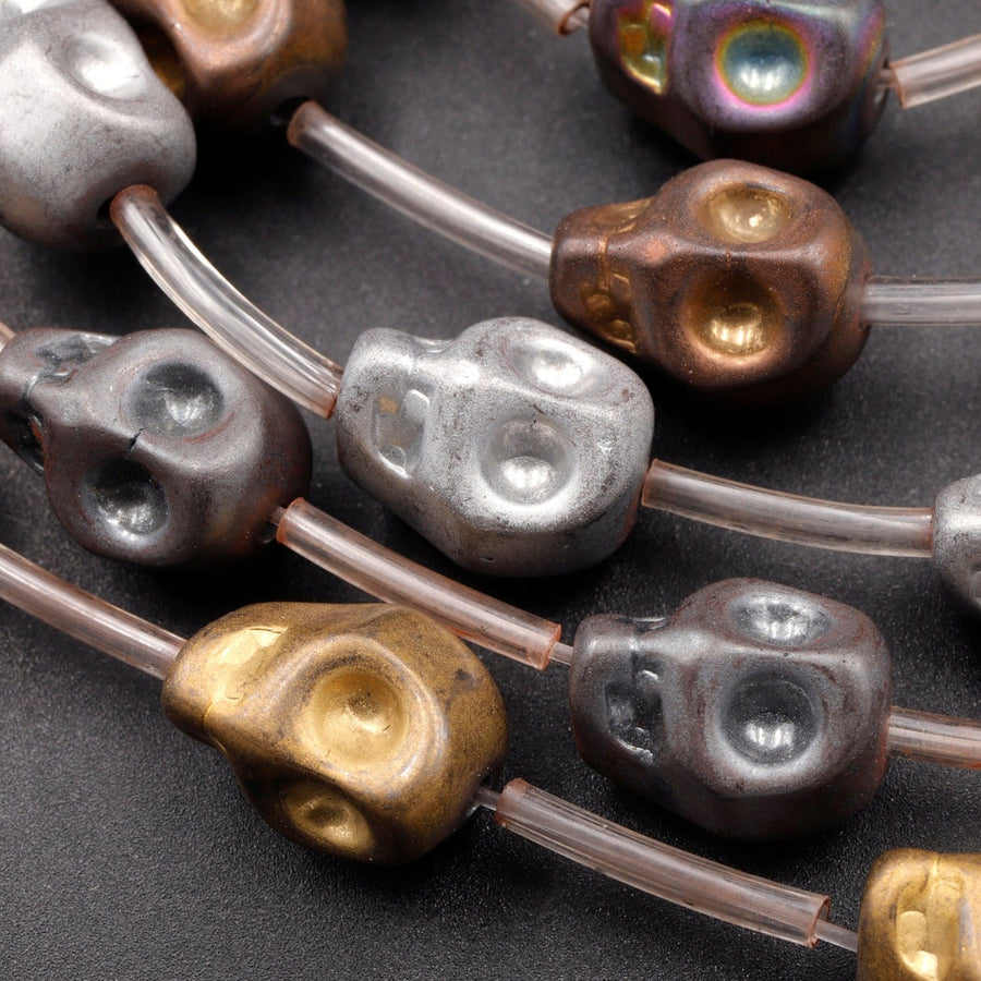 Matte Titanium Hematite Carved Skull Beads 10mm Finish Bronze Gold Gunmetal Black Silver Rainbow Copper Colors  15.5" Strand