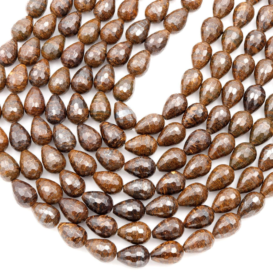 Faceted Natural Bronzite Beads 16mm 18mm Teardrop Vertically Drilled Gemstone 15.5" Strand