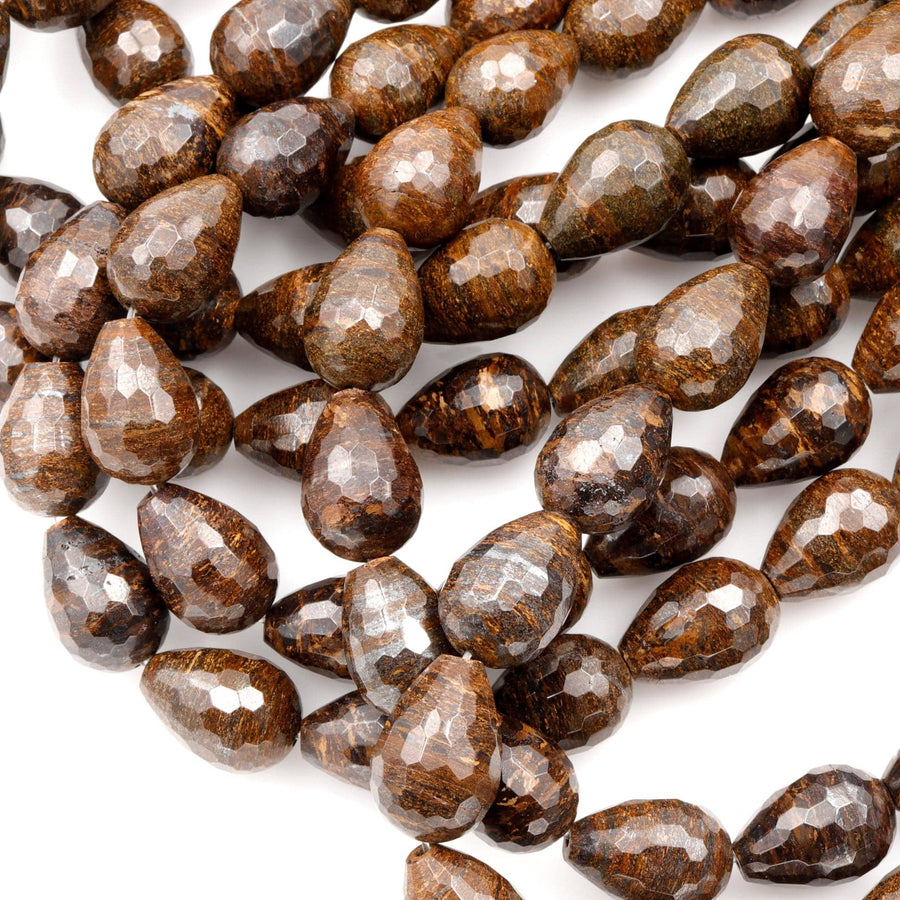 Faceted Natural Bronzite Beads 16mm 18mm Teardrop Vertically Drilled Gemstone 15.5" Strand