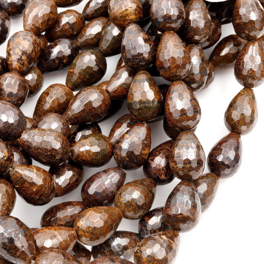 Faceted Natural Bronzite Beads 16mm 18mm Teardrop Vertically Drilled Gemstone 15.5" Strand