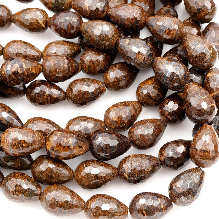 Faceted Natural Bronzite Beads 16mm 18mm Teardrop Vertically Drilled Gemstone 15.5" Strand
