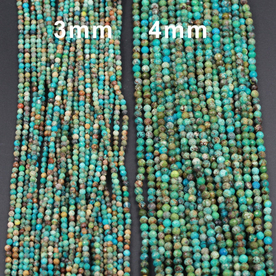 Natural Turquoise 3mm 4mm Faceted Round Beads Real Genuine Natural Blue Green Turquoise Micro Faceted Cut 15.5" Strand