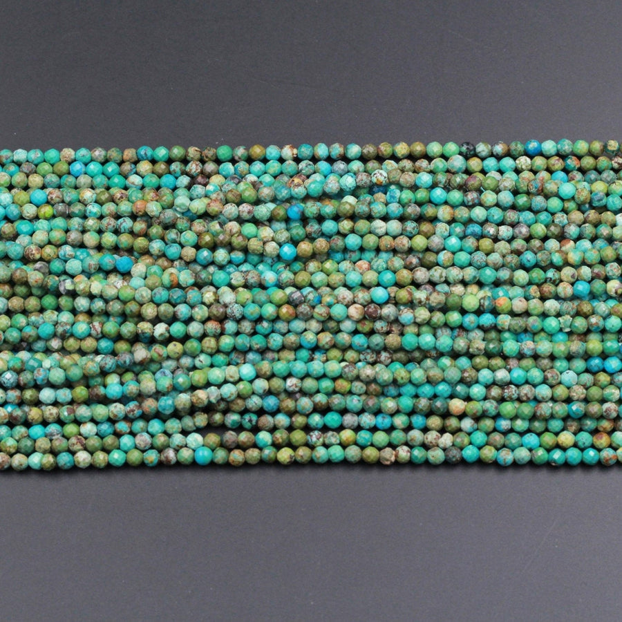 Natural Turquoise 3mm 4mm Faceted Round Beads Real Genuine Natural Blue Green Turquoise Micro Faceted Cut 15.5" Strand