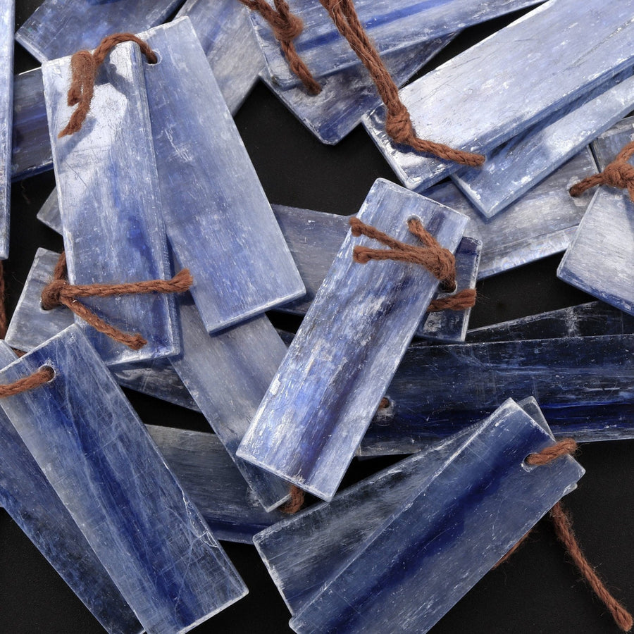 Drilled Natural Blue Kyanite Earring Pair Flat Thin Rectangle Cabochon Cab Pair Drilled Matched Earrings Bead Pair