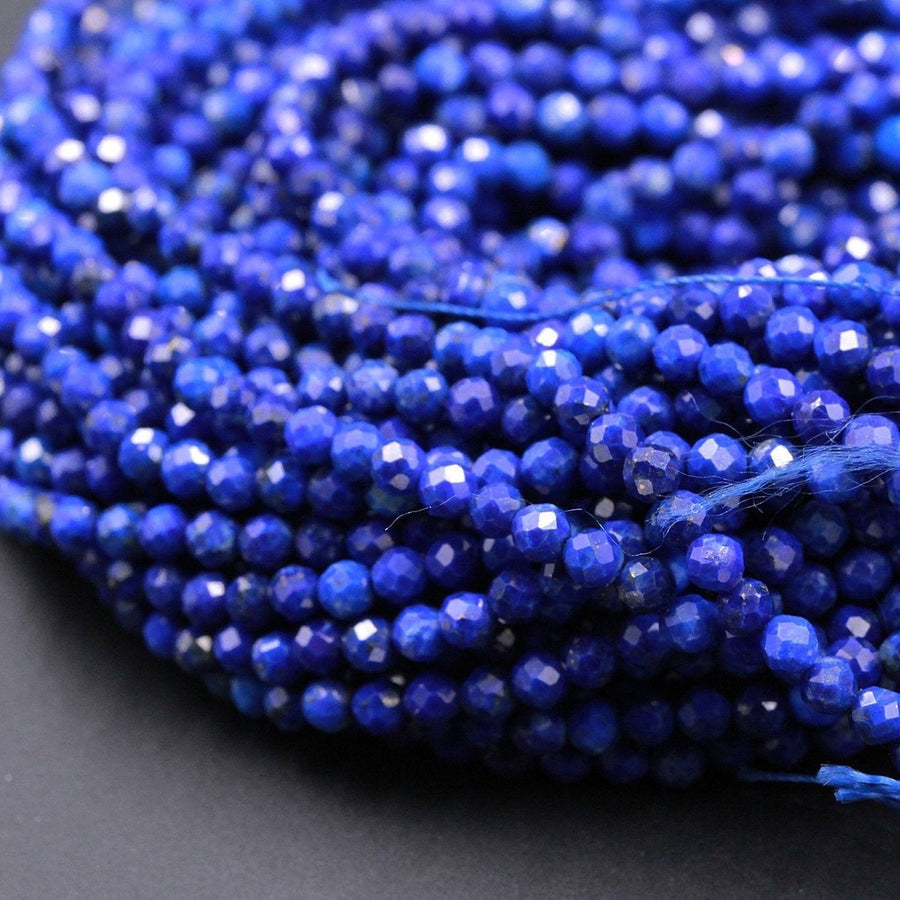 AAA Micro Faceted Natural Blue Lapis Lazuli Round Beads 2mm 3mm 4mm Diamond Cut Gemstone 15.5" Strand