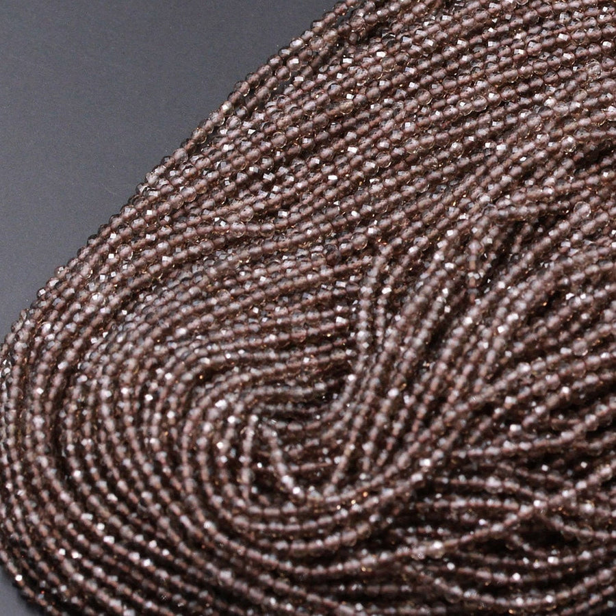 Faceted Natural Smoky Quartz  2mm 3mm 4mm Round Beads Micro Laser Diamond Cut Real Genuine Natural Gemstone 15.5" Strand