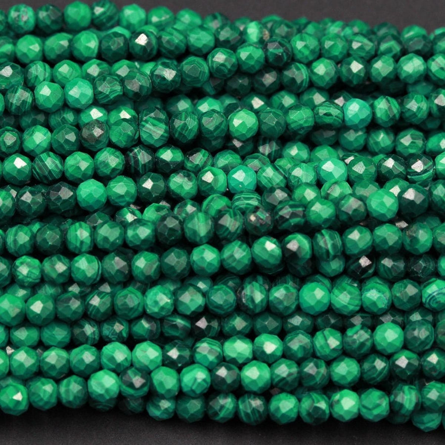 AAA Micro Faceted Natural Green Malachite Round Beads 2mm 3mm 4mm 5mm 6mm Laser Diamond Cut Gemstone 15.5" Strand