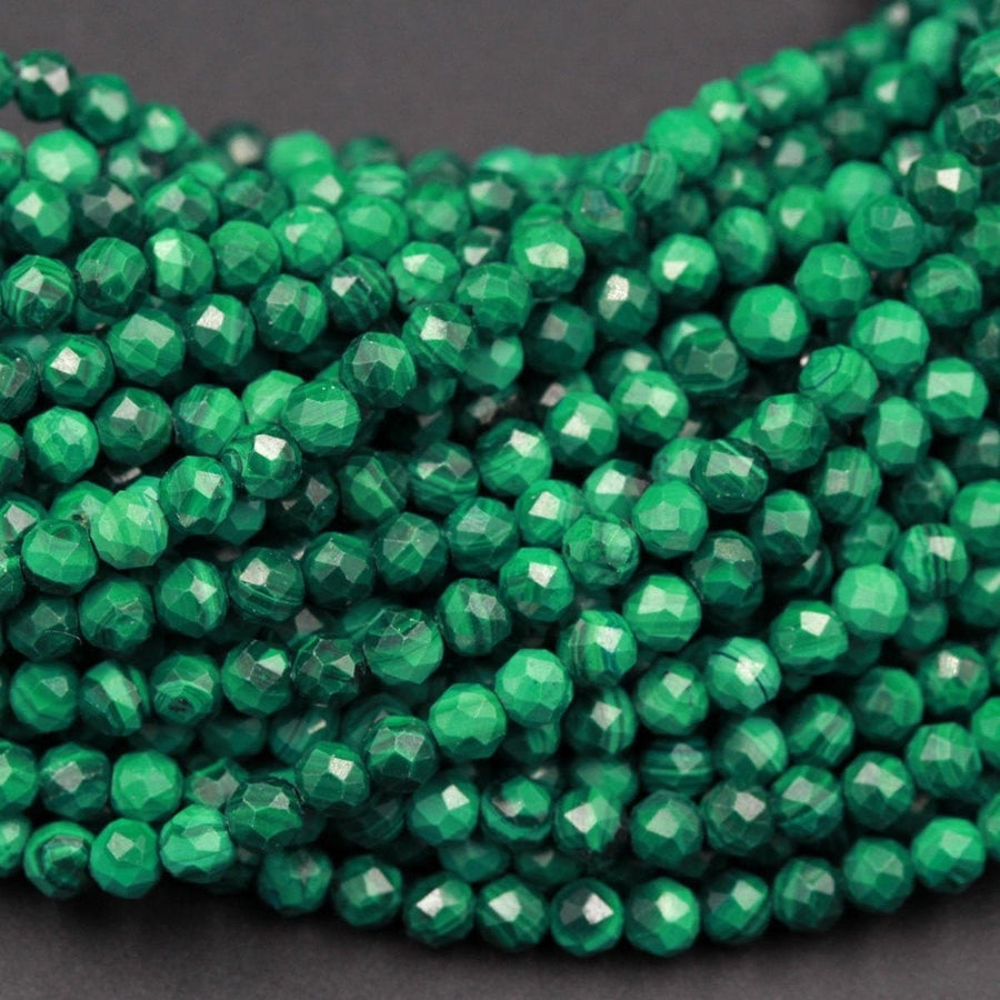 AAA Micro Faceted Natural Green Malachite Round Beads 2mm 3mm 4mm 5mm 6mm Laser Diamond Cut Gemstone 15.5" Strand