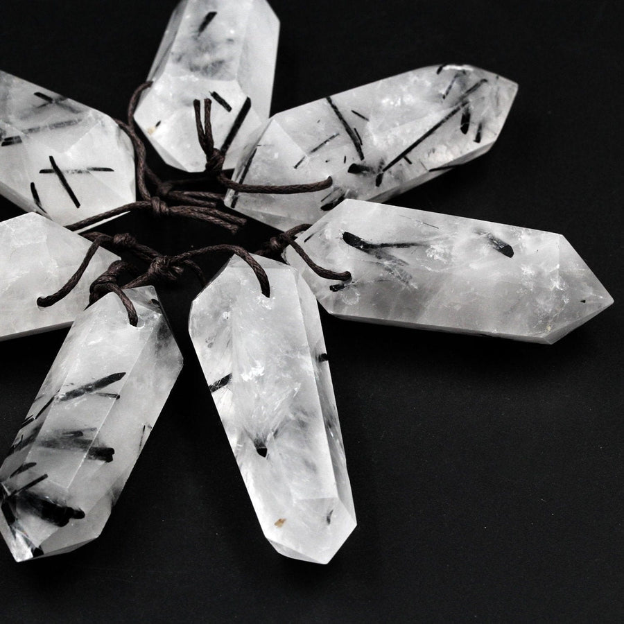 Natural Black Tourmaline Rutilated Quartz Pendant Hand Cut Double Terminated Pendant Side Drilled Designer Tower Point Pendant