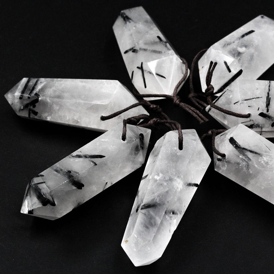 Natural Black Tourmaline Rutilated Quartz Pendant Hand Cut Double Terminated Pendant Side Drilled Designer Tower Point Pendant
