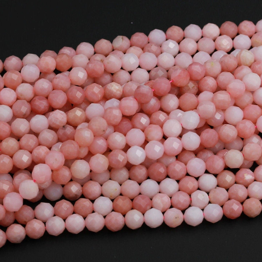 AAA Quality Micro Faceted Natural Peruvian Pink Opal 4mm 6mm 8mm Round Bead Large Sharp Facet Laser Diamond Cut Pink Gemstone 15.5" Strand