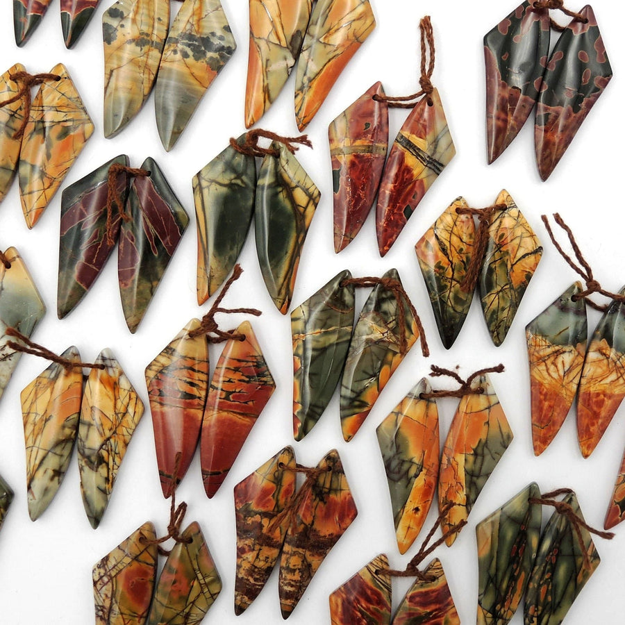 Natural Red Creek Jasper Abstract Butterfly Wing Earring Pair Cabochon Cab Drilled Matched Gemstone Bead Pair Aka Multicolor Picasso Jasper
