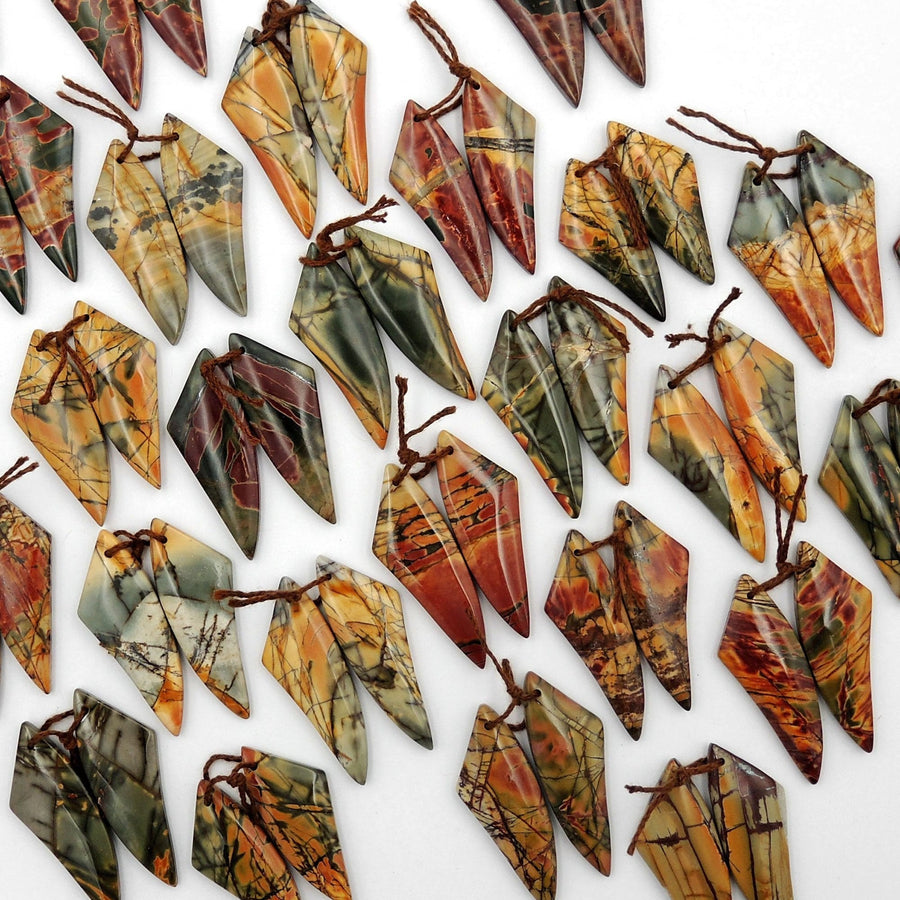 Natural Red Creek Jasper Abstract Butterfly Wing Earring Pair Cabochon Cab Drilled Matched Gemstone Bead Pair Aka Multicolor Picasso Jasper