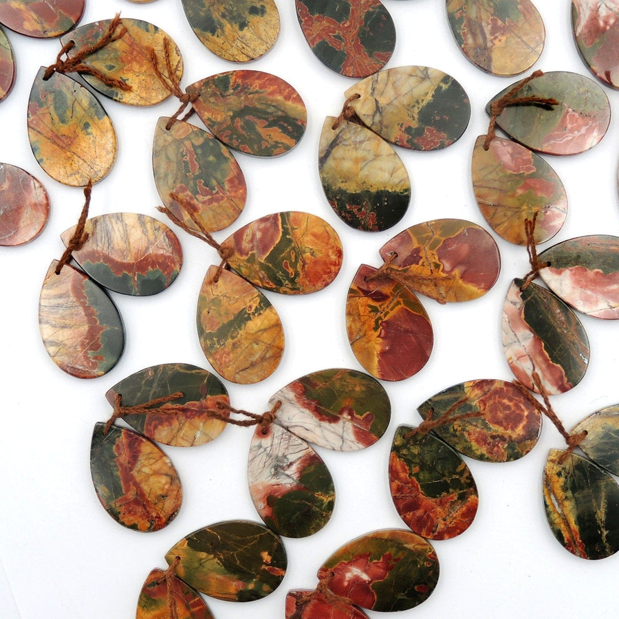 Natural Red Creek Jasper Earring Pair Cabochon Drilled Long Flat Teardrop Matched Gemstone Bead Pair Aka Multicolor Picasso Jasper