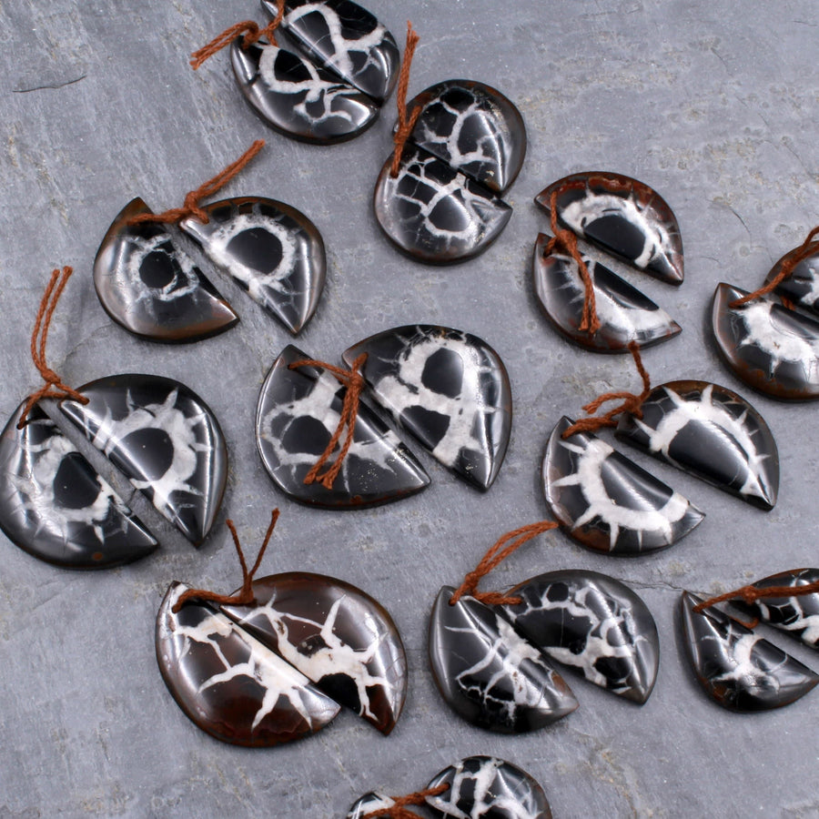 Natural Septarian Fossil Half Moon Earring Pair Cabochon Cab Pair Drilled Matched Earrings Black White Pattern Bead Pair