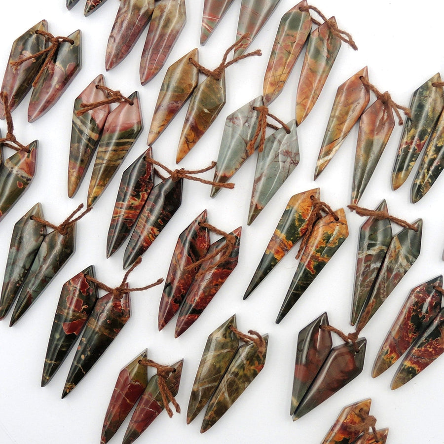 Natural Red Creek Jasper Diamond Earring Pair Cabochon Cab Drilled Modern Kite Shape Matched Gemstone Bead Pair Multicolor Picasso Jasper