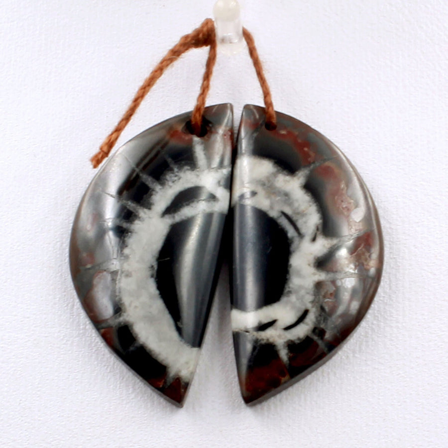 Natural Septarian Fossil Half Moon Earring Pair Cabochon Cab Pair Drilled Matched Earrings Black White Pattern Bead Pair