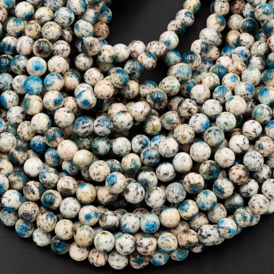 AA Rare K2 6mm 8mm 10mm Round Beads Natural Blue Azurite in Quartz Granite Real Genuine from Pakistan Afghanistan 15.5" Strand