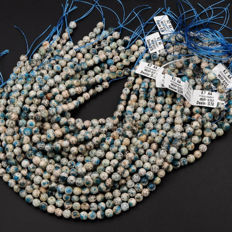 AA Rare K2 6mm 8mm 10mm Round Beads Natural Blue Azurite in Quartz Granite Real Genuine from Pakistan Afghanistan 15.5" Strand