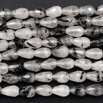Faceted Natural Black Tourmaline Rutilated Quartz Teardrop Beads Vertically Drilled  Gemstone 15.5" Strand