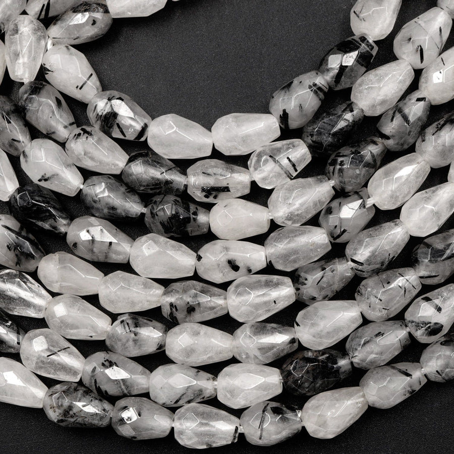Faceted Natural Black Tourmaline Rutilated Quartz Teardrop Beads Vertically Drilled  Gemstone 15.5" Strand