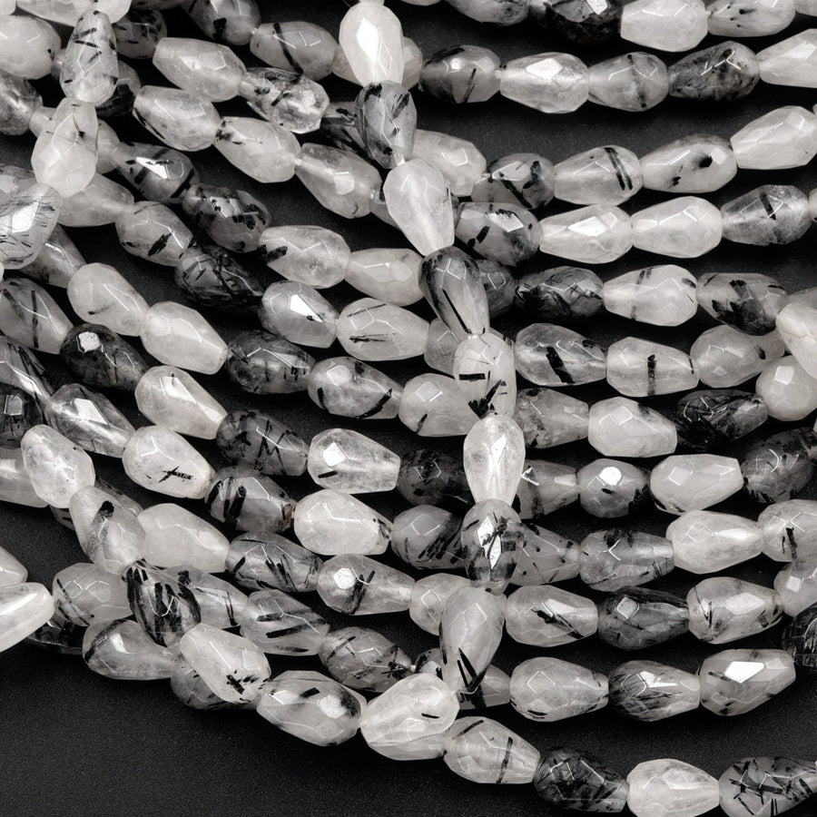 Faceted Natural Black Tourmaline Rutilated Quartz Teardrop Beads Vertically Drilled  Gemstone 15.5" Strand