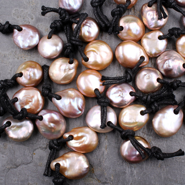 Large 4mm Drill Hole Coin Pearl Pendant Genuine Natural Freshwater Pearl Focal Bead Super Iridescent Golden Pink Peach Apricot Mauve Colors