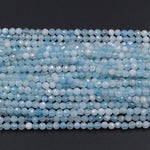 Micro Faceted Natural Aquamarine 2mm 3mm 4mm 6mm Faceted Round Beads Laser Diamond Cut Real Genuine Blue Aquamarine Gemstone 15.5" Strand