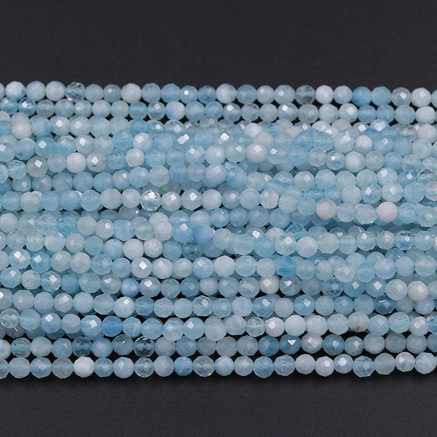 Micro Faceted Natural Aquamarine 2mm 3mm 4mm 6mm Faceted Round Beads Laser Diamond Cut Real Genuine Blue Aquamarine Gemstone 15.5" Strand