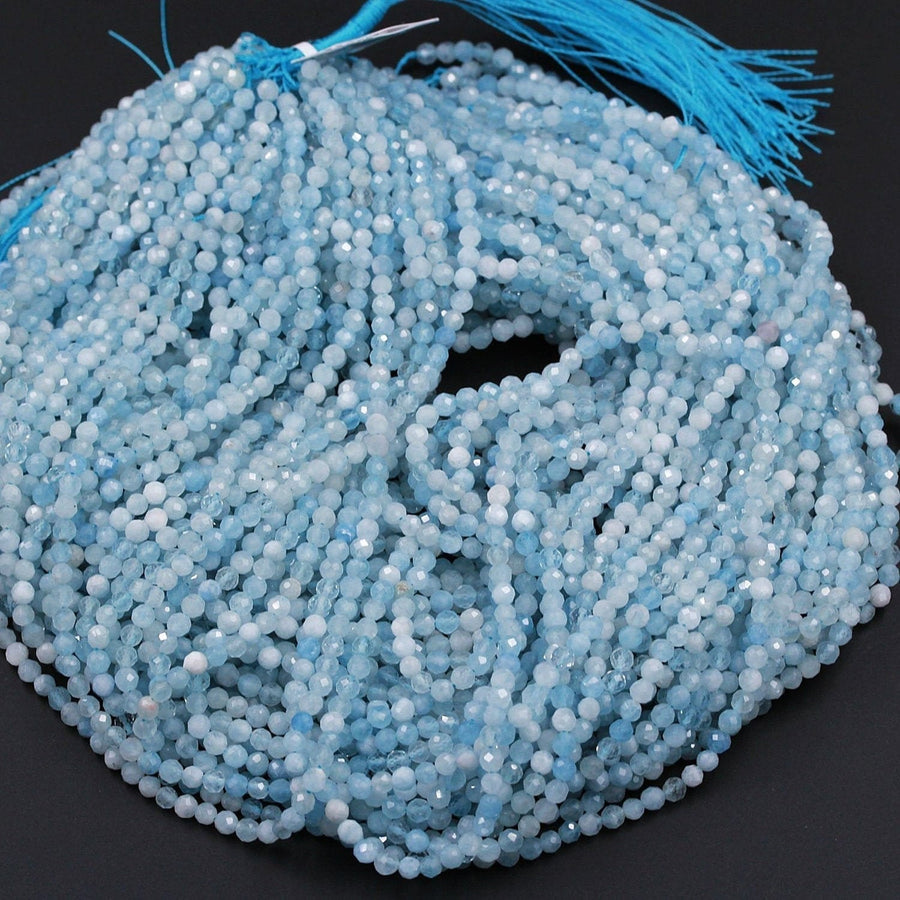 Micro Faceted Natural Aquamarine 2mm 3mm 4mm 6mm Faceted Round Beads Laser Diamond Cut Real Genuine Blue Aquamarine Gemstone 15.5" Strand