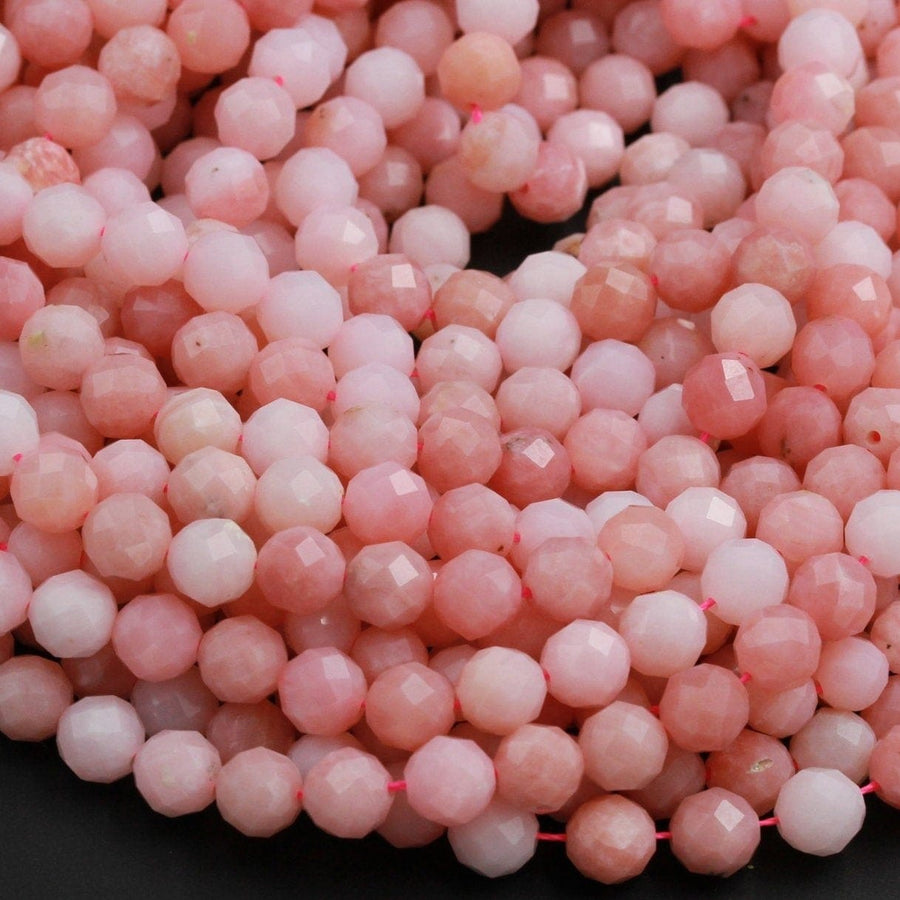 AAA Quality Micro Faceted Natural Peruvian Pink Opal 4mm 6mm 8mm Round Bead Large Sharp Facet Laser Diamond Cut Pink Gemstone 15.5" Strand