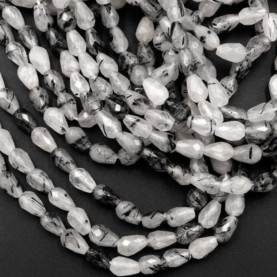 Faceted Natural Black Tourmaline Rutilated Quartz Teardrop Beads Vertically Drilled  Gemstone 15.5" Strand