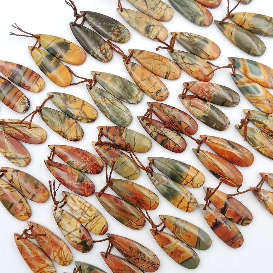 Natural Red Creek Jasper Teardrop Earring Pair Cabochon Cab Drilled Long Teardrop Matched Gemstone Bead Pair Aka Multicolor Picasso Jasper