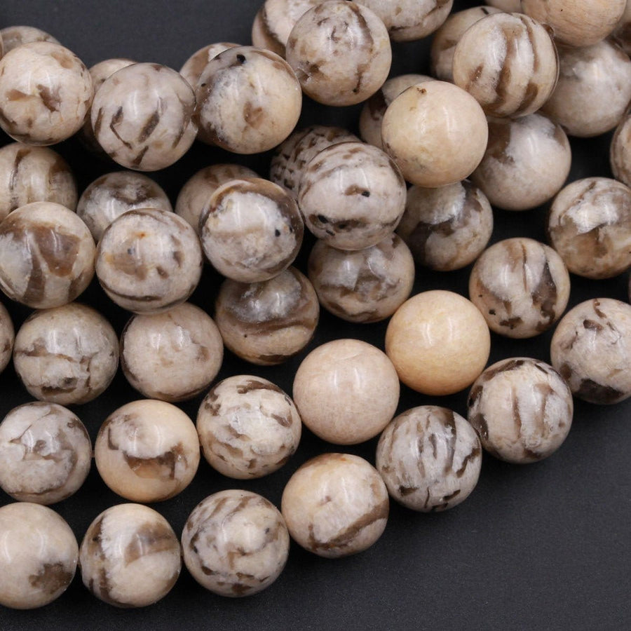 Natural Graphic Feldspar Smooth Plain 6mm 8mm 10mm Round Beads Earth Tones Beads 15.5" Strand