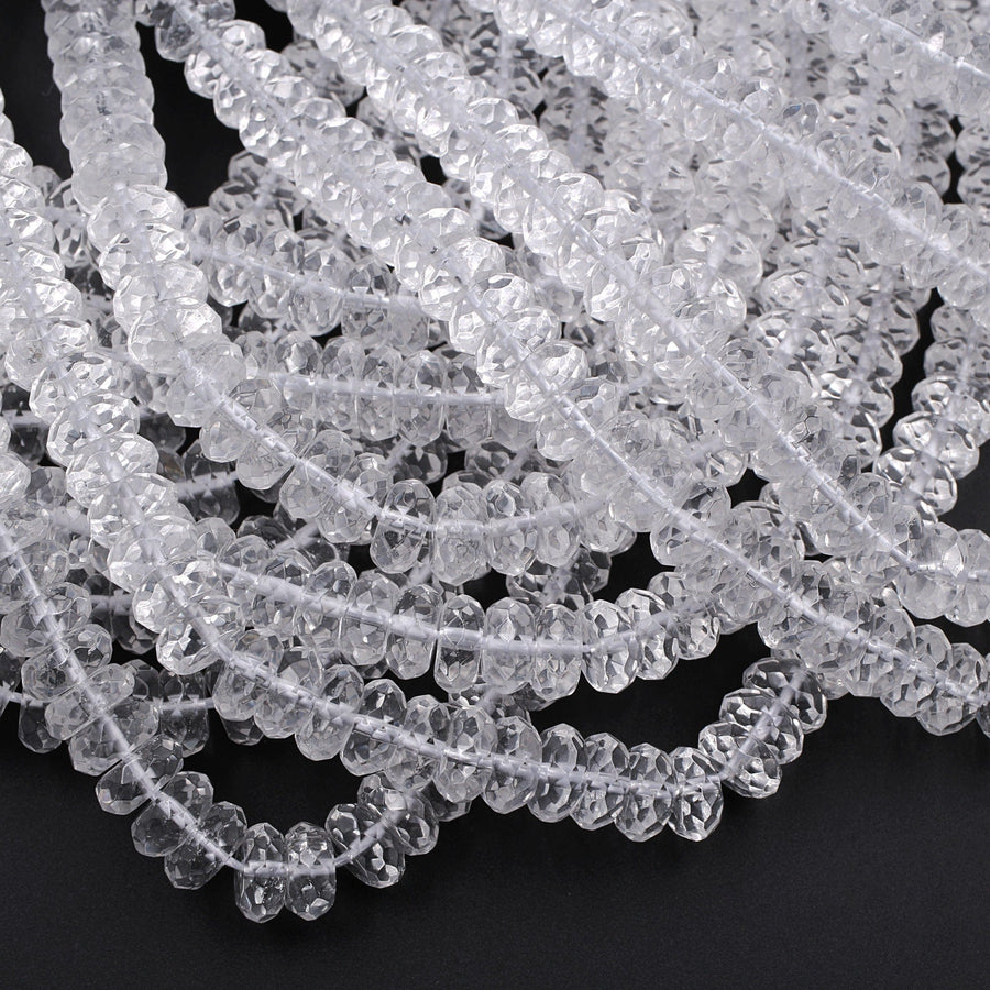 Faceted Natural Rock Crystal Quartz 9mm Beads Rondelle Icy Rock Crystal Hand Cut Clear Raw Crystals 15.5" Strand