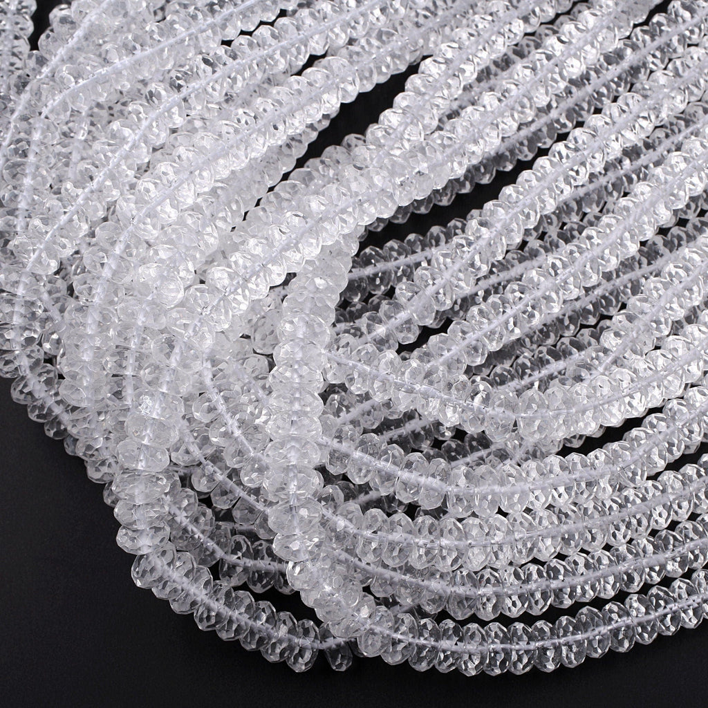 Faceted Natural Rock Crystal Quartz 9mm Beads Rondelle Icy Rock Crystal Hand Cut Clear Raw Crystals 15.5" Strand