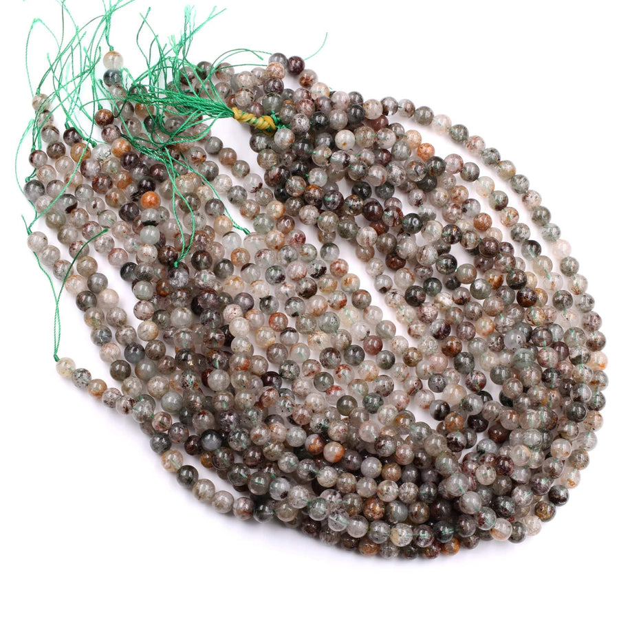 Multicolor Natural Brown Amber Forest Green Thousand Layer Rutile Quartz 7mm 8mm Round Beads 15.5" Strand