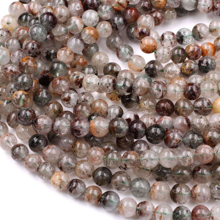 Multicolor Natural Brown Amber Forest Green Thousand Layer Rutile Quartz 7mm 8mm Round Beads 15.5" Strand