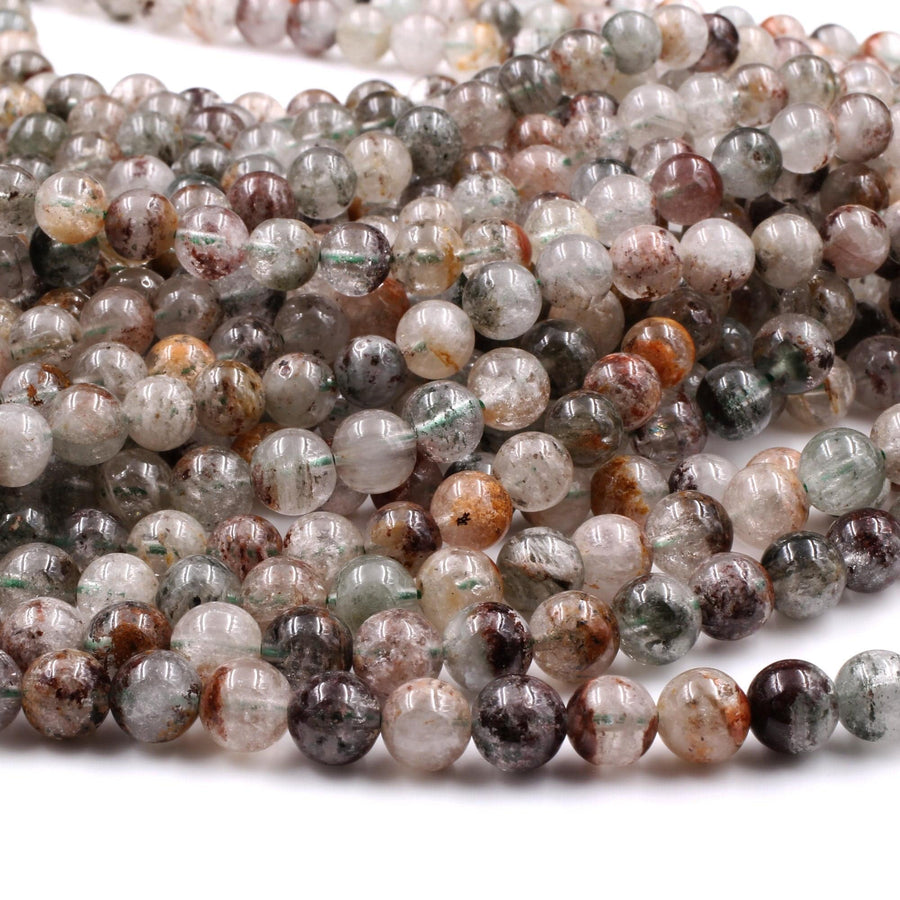 Multicolor Natural Brown Amber Forest Green Thousand Layer Rutile Quartz 7mm 8mm Round Beads 15.5" Strand