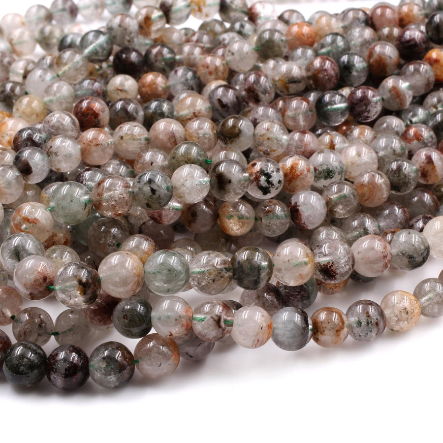 Multicolor Natural Brown Amber Forest Green Thousand Layer Rutile Quartz 7mm 8mm Round Beads 15.5" Strand