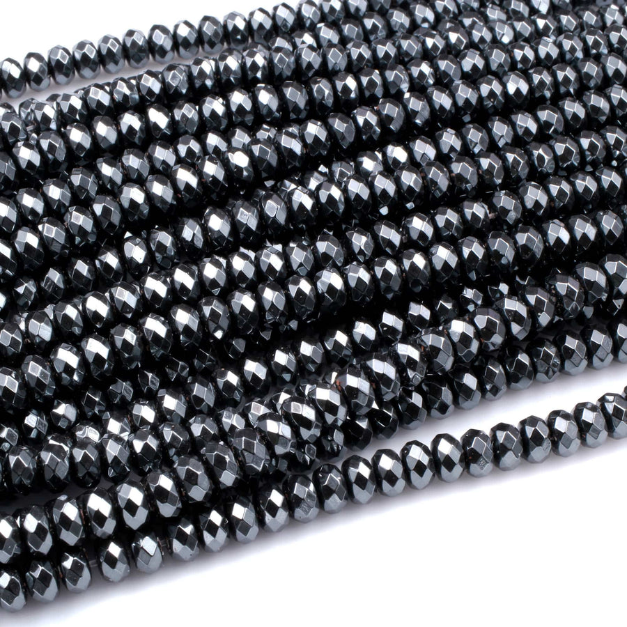 Faceted Hematite Rondelle beads 3mm 4mm 6mm 8mm Diamond Micro Cut Sparkling Natural Black Gemstone 15.5" Strand