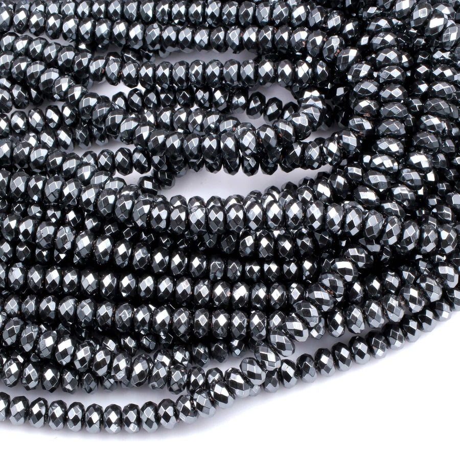 Faceted Hematite Rondelle beads 3mm 4mm 6mm 8mm Diamond Micro Cut Sparkling Natural Black Gemstone 15.5" Strand