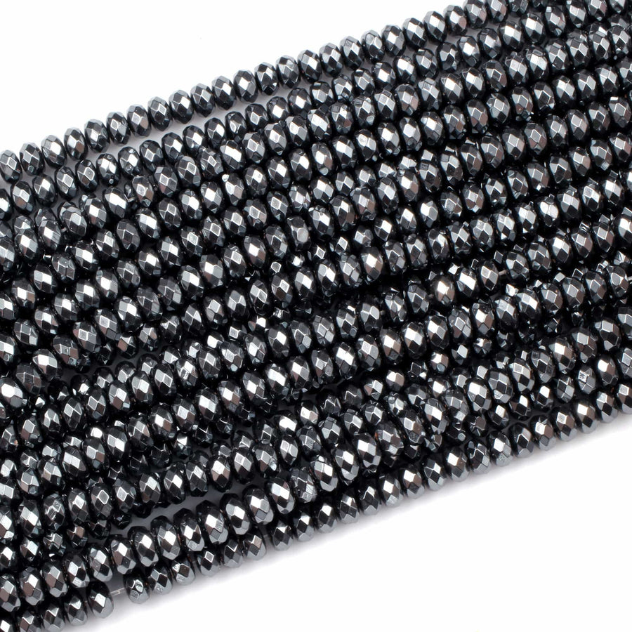 Faceted Hematite Rondelle beads 3mm 4mm 6mm 8mm Diamond Micro Cut Sparkling Natural Black Gemstone 15.5" Strand