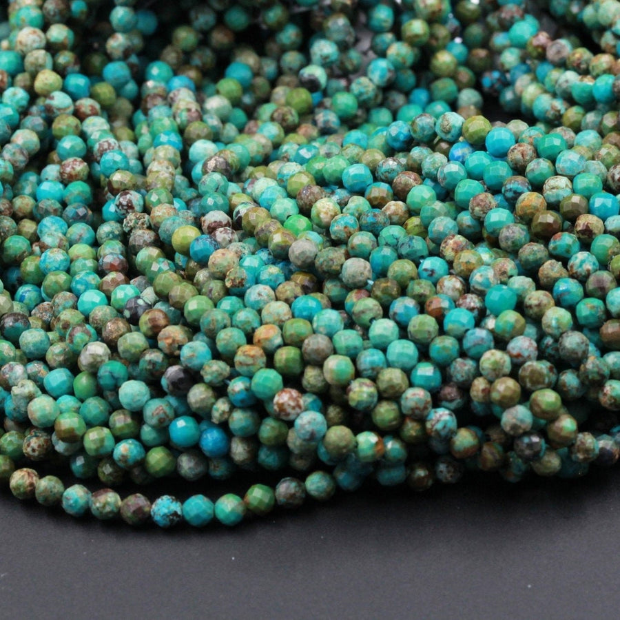 Natural Turquoise 3mm 4mm Faceted Round Beads Real Genuine Natural Blue Green Turquoise Micro Faceted Cut 15.5" Strand