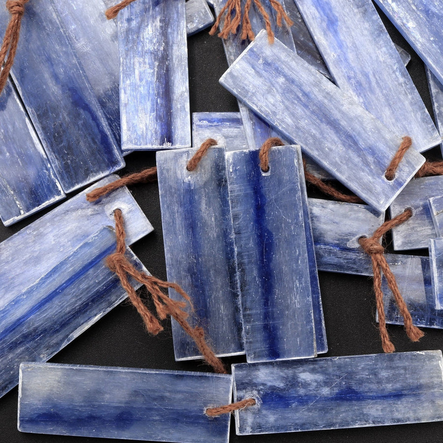Drilled Natural Blue Kyanite Earring Pair Flat Thin Rectangle Cabochon Cab Pair Drilled Matched Earrings Bead Pair