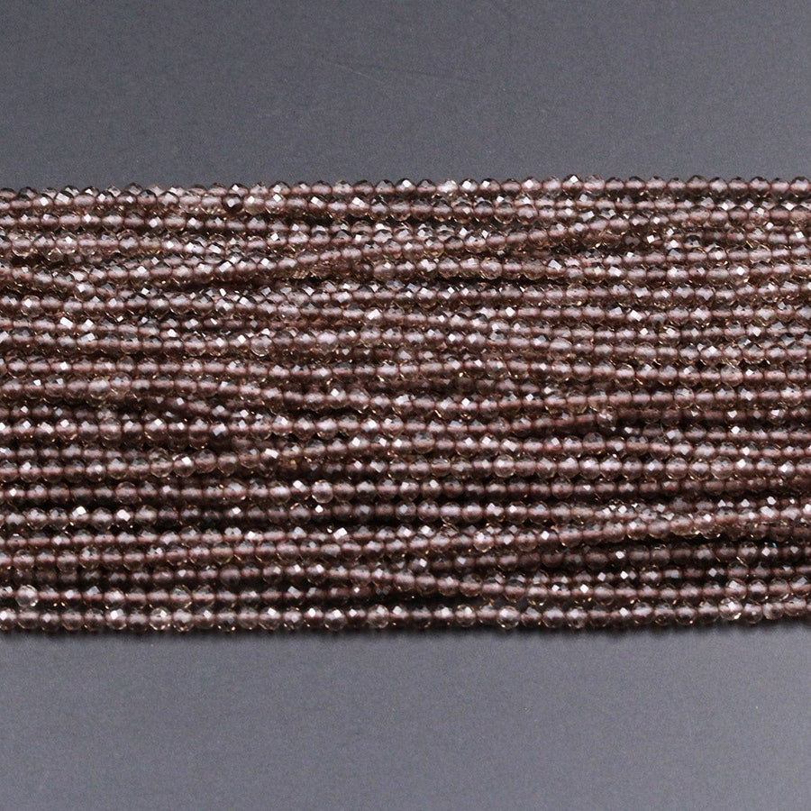 Faceted Natural Smoky Quartz  2mm 3mm 4mm Round Beads Micro Laser Diamond Cut Real Genuine Natural Gemstone 15.5" Strand