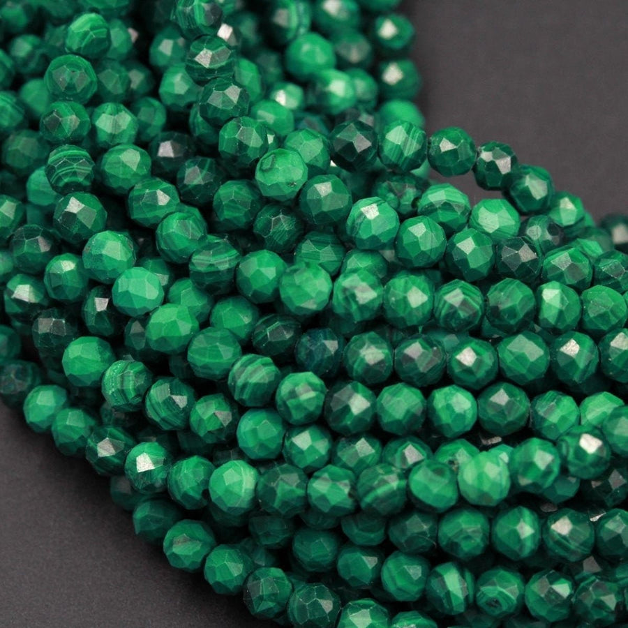 AAA Micro Faceted Natural Green Malachite Round Beads 2mm 3mm 4mm 5mm 6mm Laser Diamond Cut Gemstone 15.5" Strand