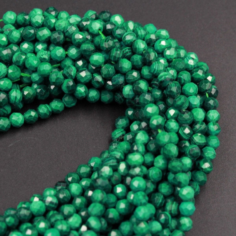 AAA Micro Faceted Natural Green Malachite Round Beads 2mm 3mm 4mm 5mm 6mm Laser Diamond Cut Gemstone 15.5" Strand