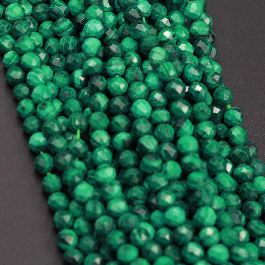 AAA Micro Faceted Natural Green Malachite Round Beads 2mm 3mm 4mm 5mm 6mm Laser Diamond Cut Gemstone 15.5" Strand